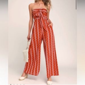 Lulu's Red and White Strapless Jumpsuit